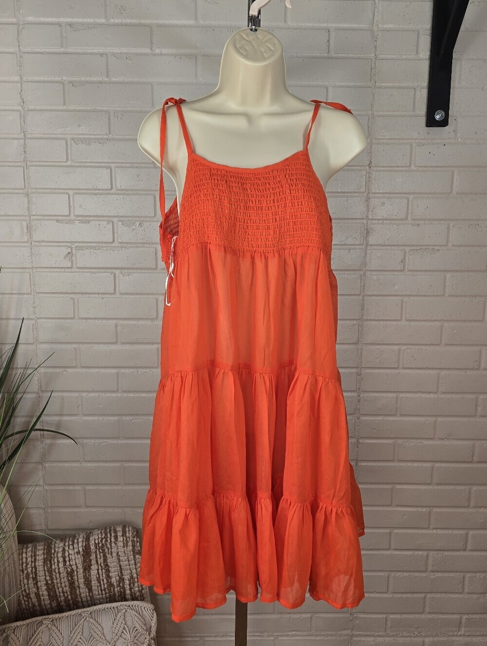 Vero Moda Bright Orange Tiered Smocked Mini Swim Cover Up Dress Oversized Small